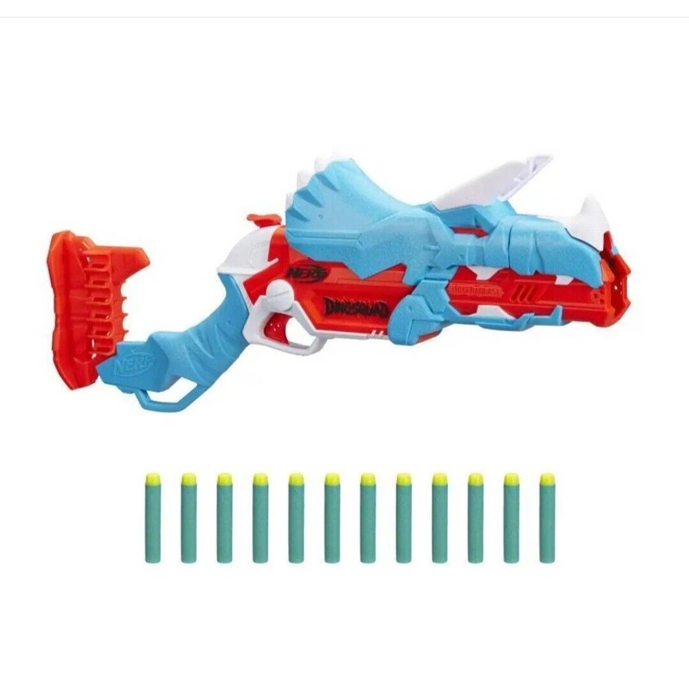 Nerf DinoSquad Tricera-blast Blaster, Break-Open 3-Dart Loading, 12 Nerf Darts,